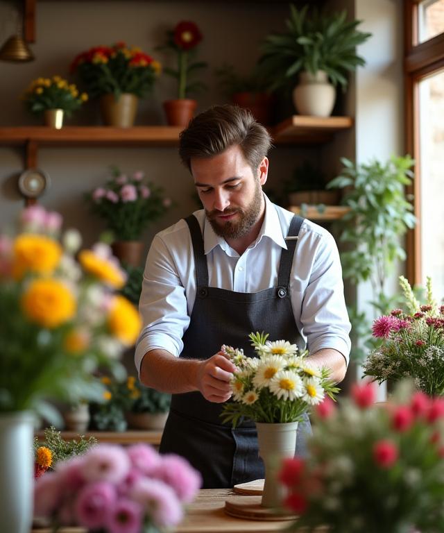 Il proprietario di Sogno Fiorito mentre prepara una composizione floreale all'interno del negozio. Un ambiente caldo e accogliente.