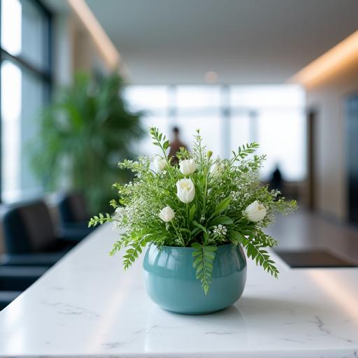 Una composizione floreale moderna sulla reception di un ufficio.