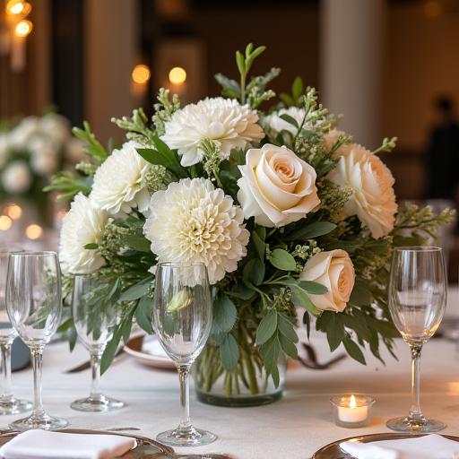 Elegante addobbo floreale per un tavolo da matrimonio.